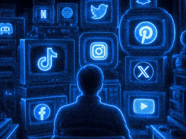 A silhouette sits before a wall of glowing social platform icons