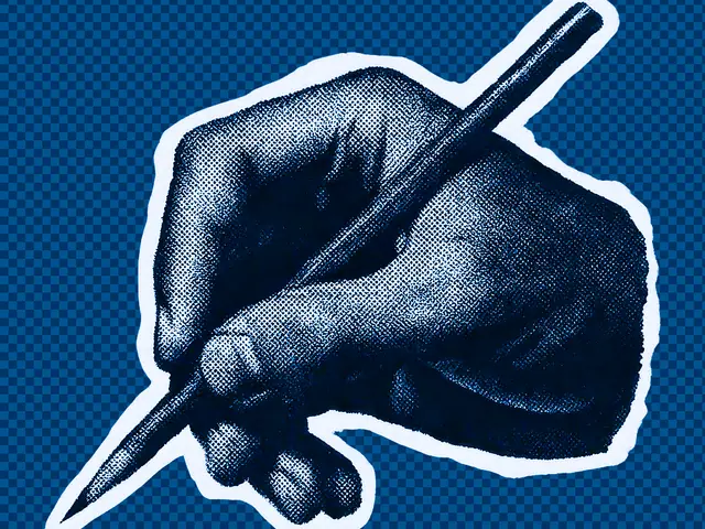 A hand holding a pen mid-write, halftone illustration